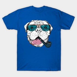 Hipster dog Bullmastiff breed in blue glassess with a pipe T-Shirt